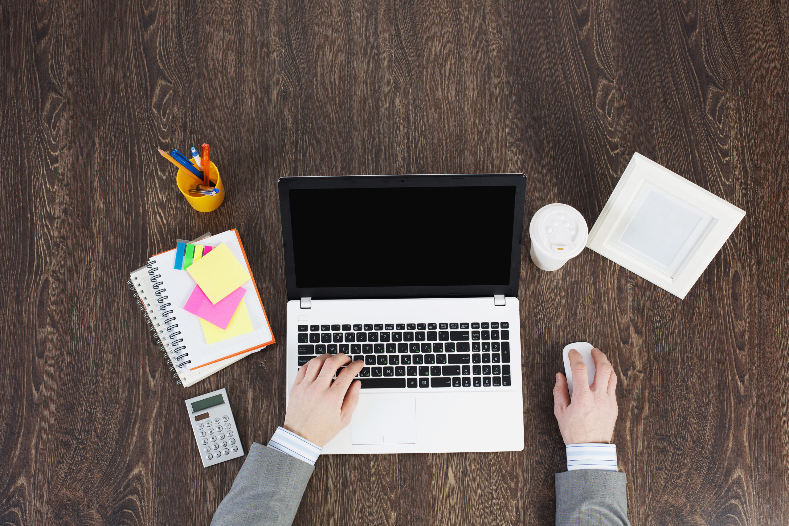 Office workplace with office supplies and laptop